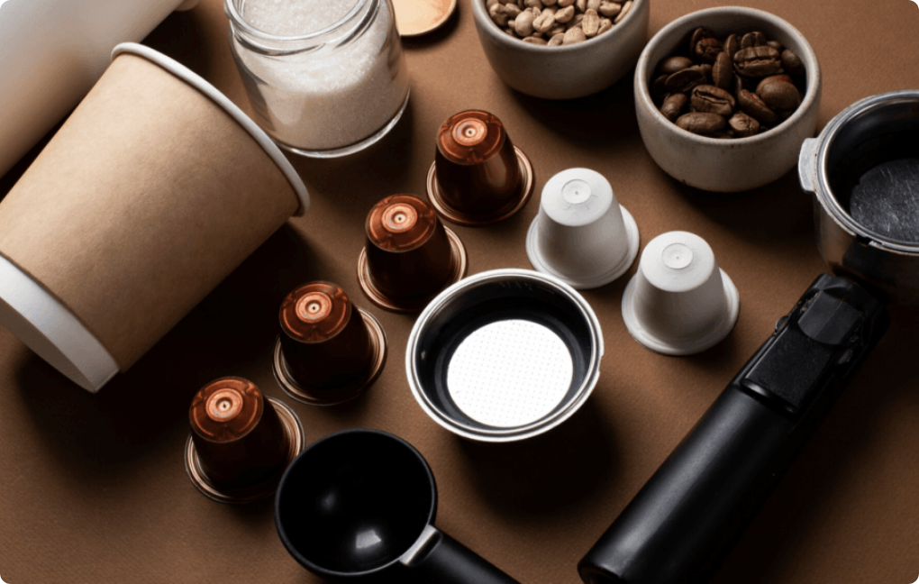 Coffee bags and capsules on a counter