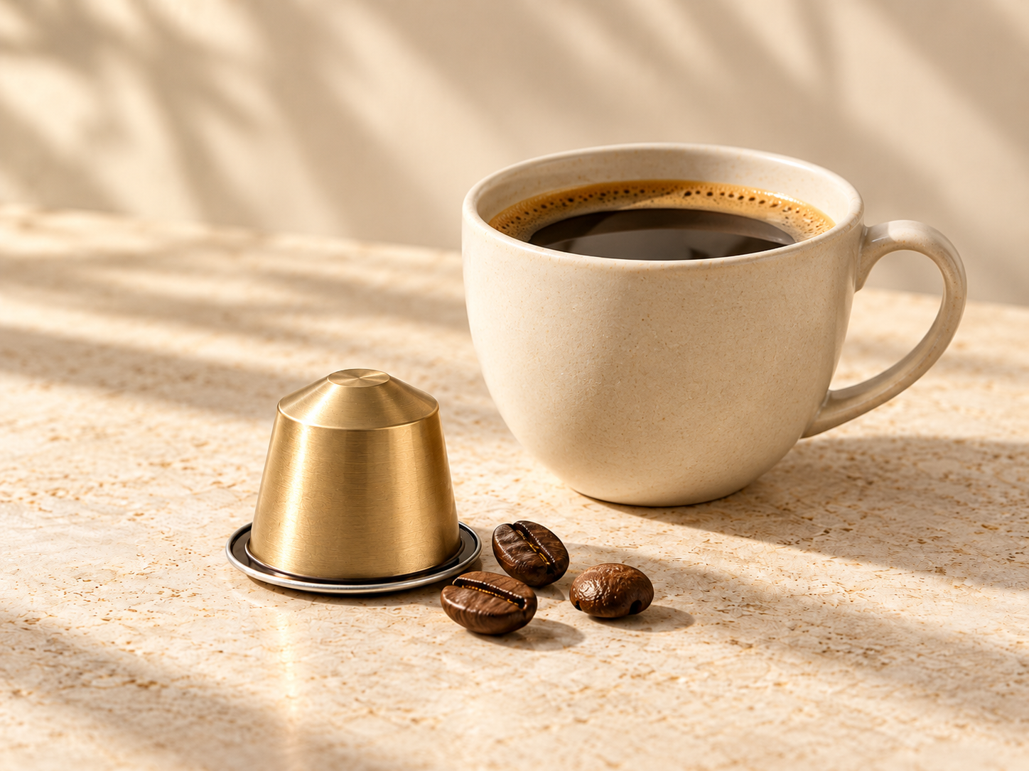 Cup of lungo coffee beside a gold capsule and beans
