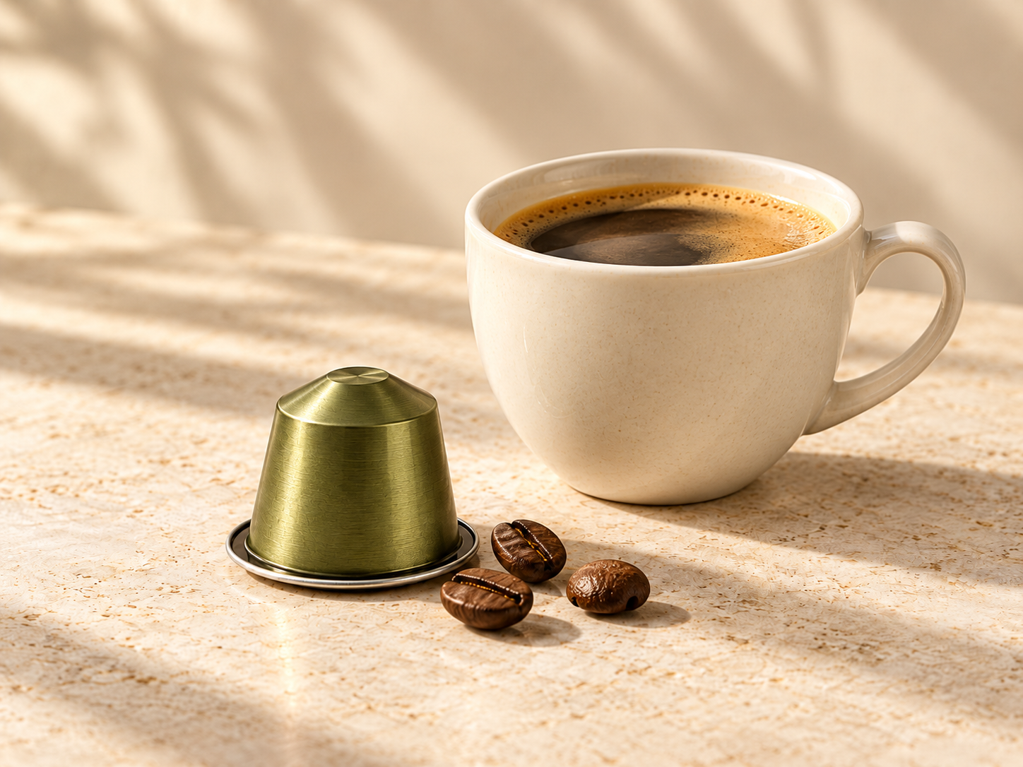 Cup of coffee beside a green decaf capsule and beans