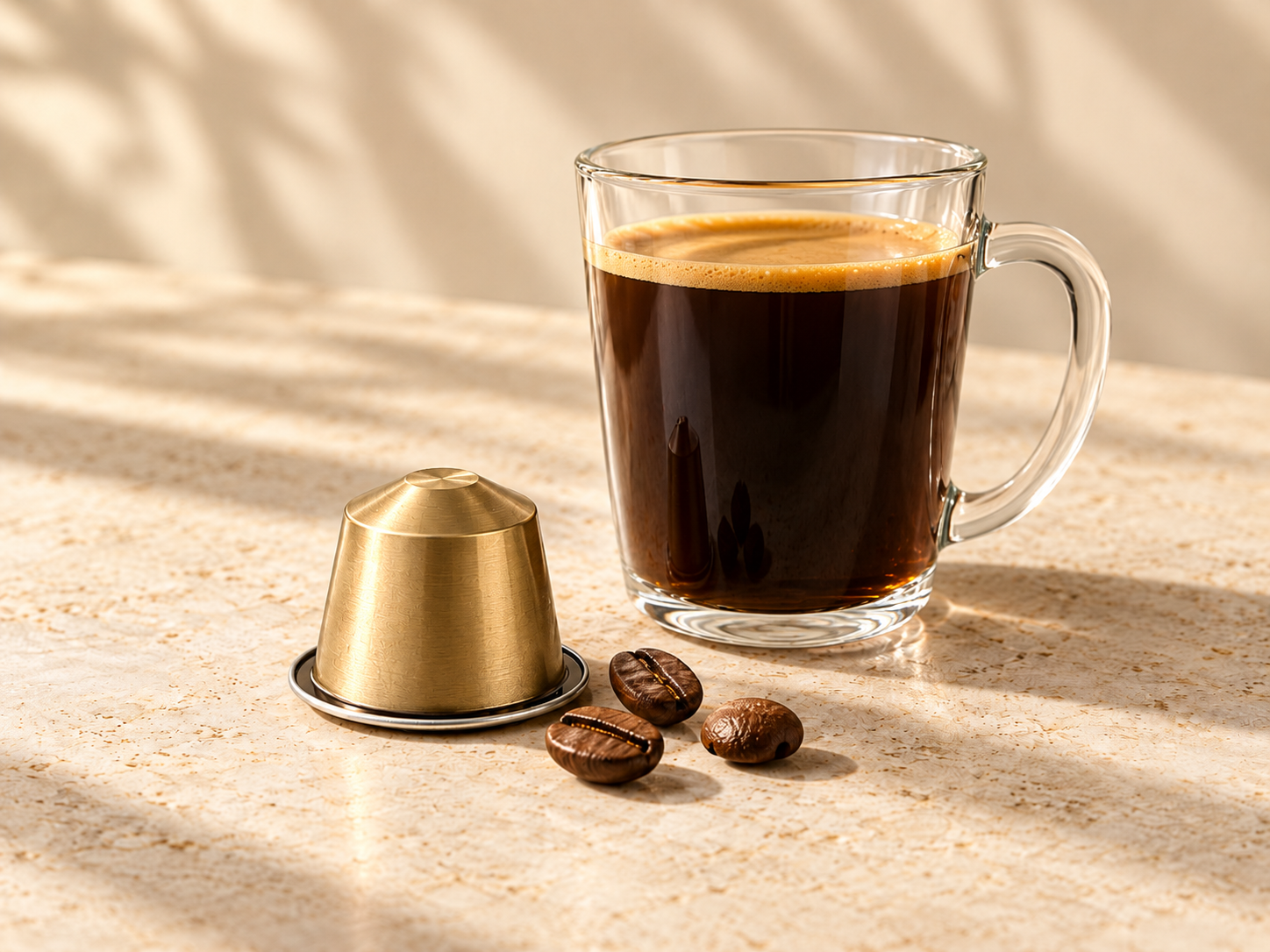 Cup of coffee beside a green decaf capsule and beans