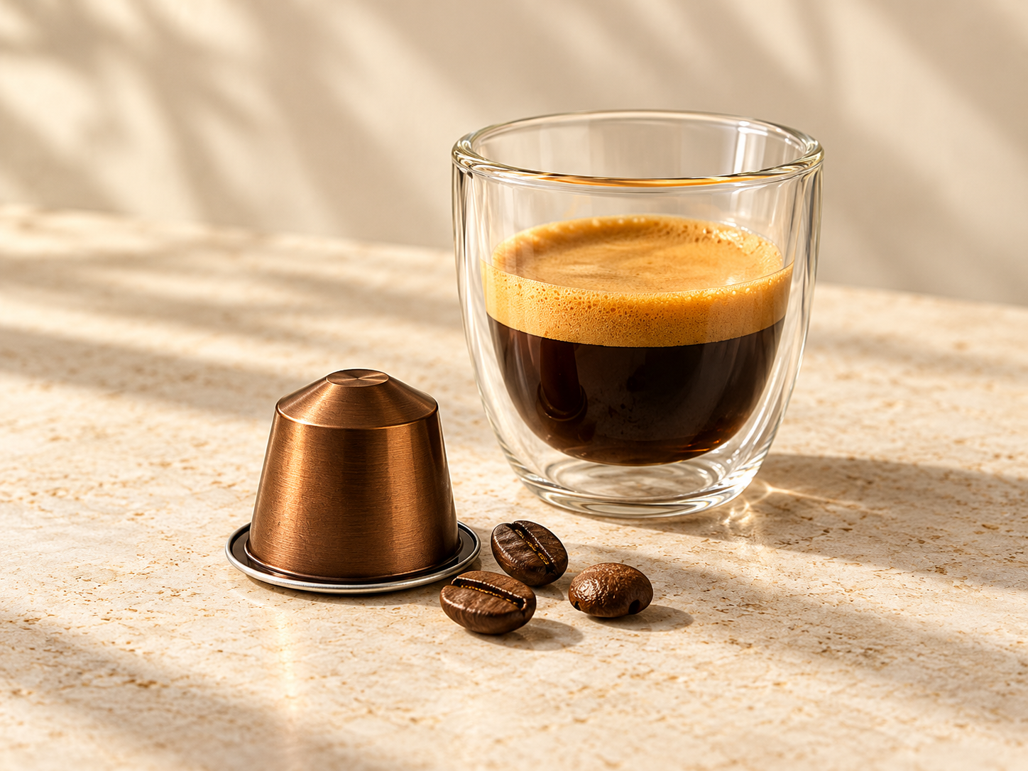 Espresso in a glass beside a copper coffee capsule and beans