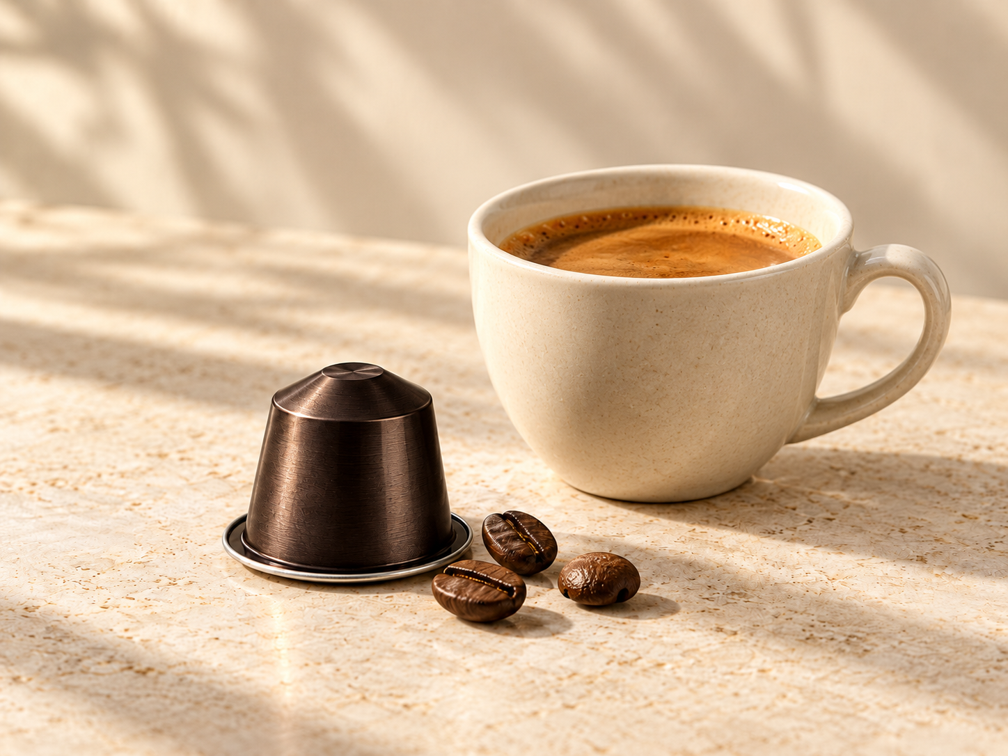 Glass mug of black filter coffee beside a copper capsule