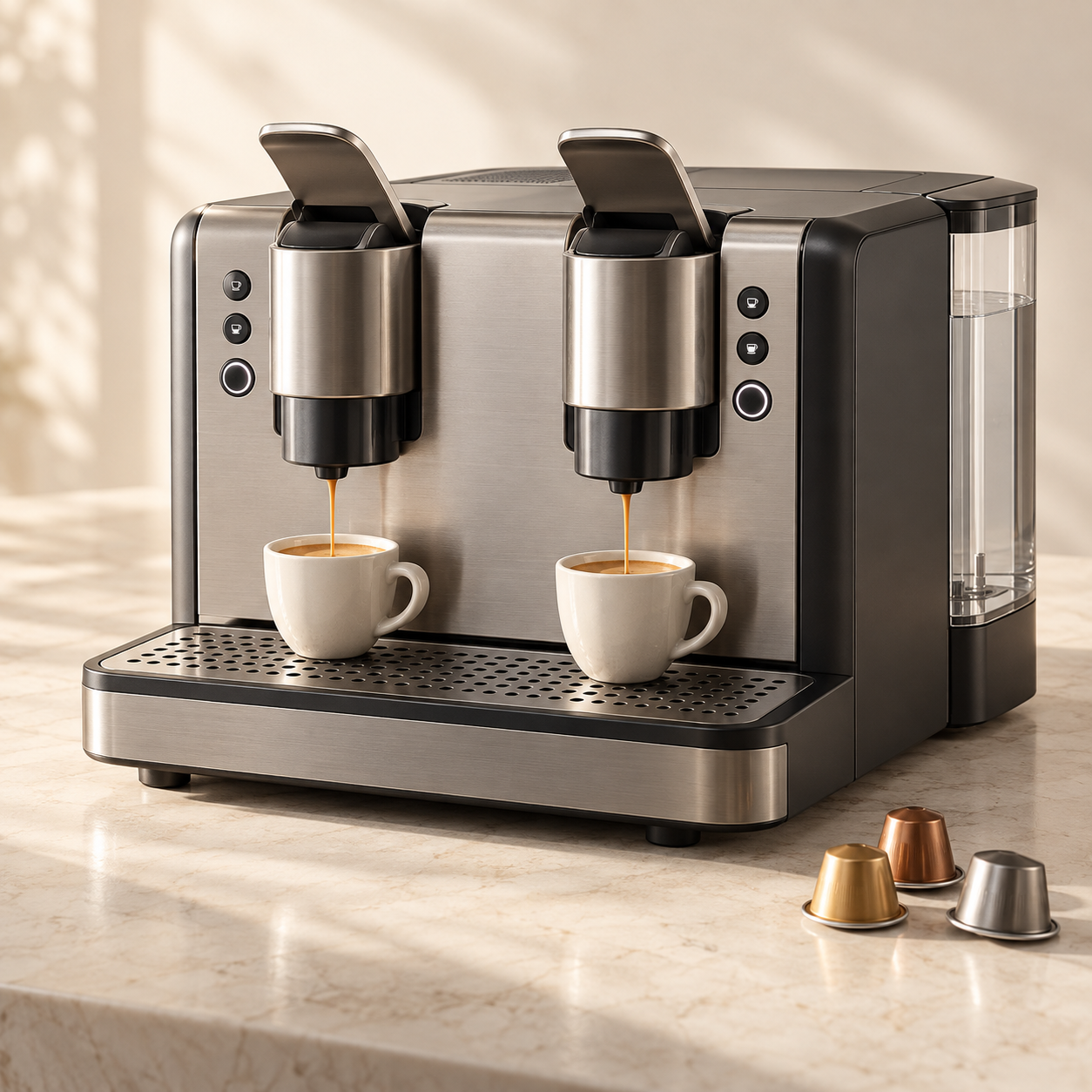 Two-group commercial espresso machine pouring two espressos