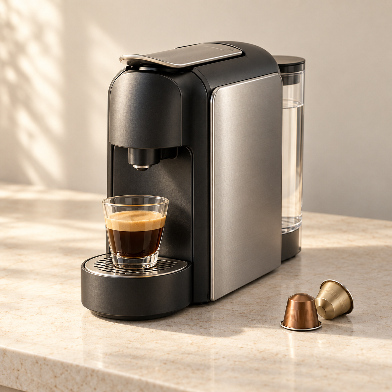 Compact capsule coffee machine with a glass of espresso and two capsules