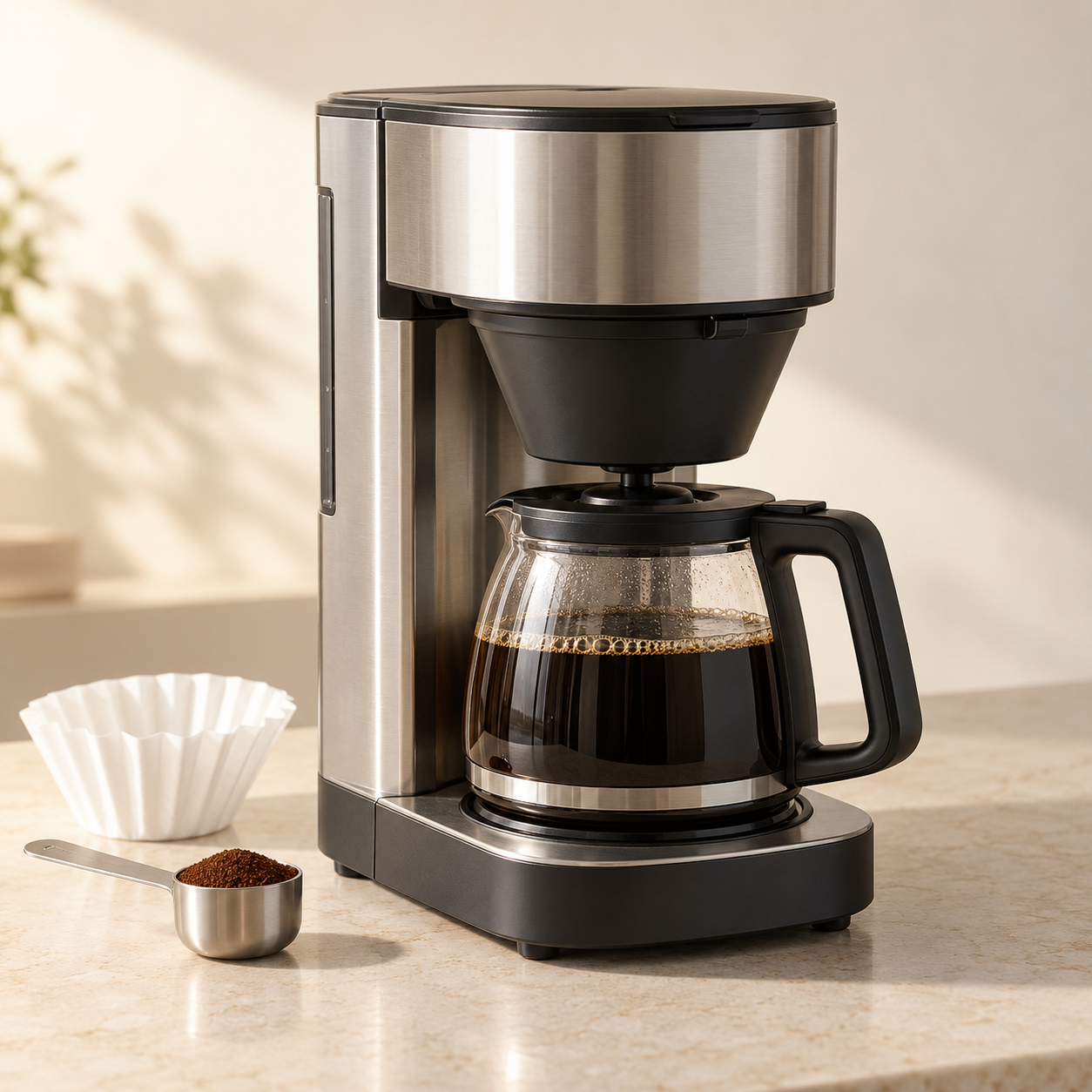Filter coffee brewer with a glass jug, paper filter and a scoop of ground coffee
