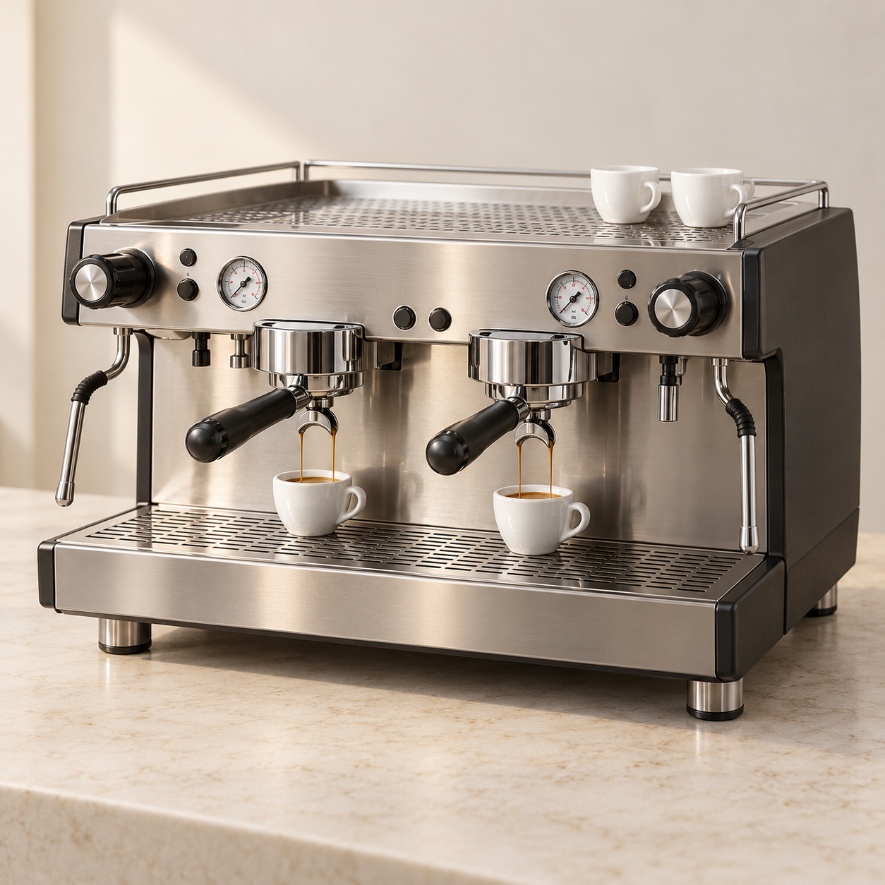 Twin-head capsule coffee machine pouring two espressos