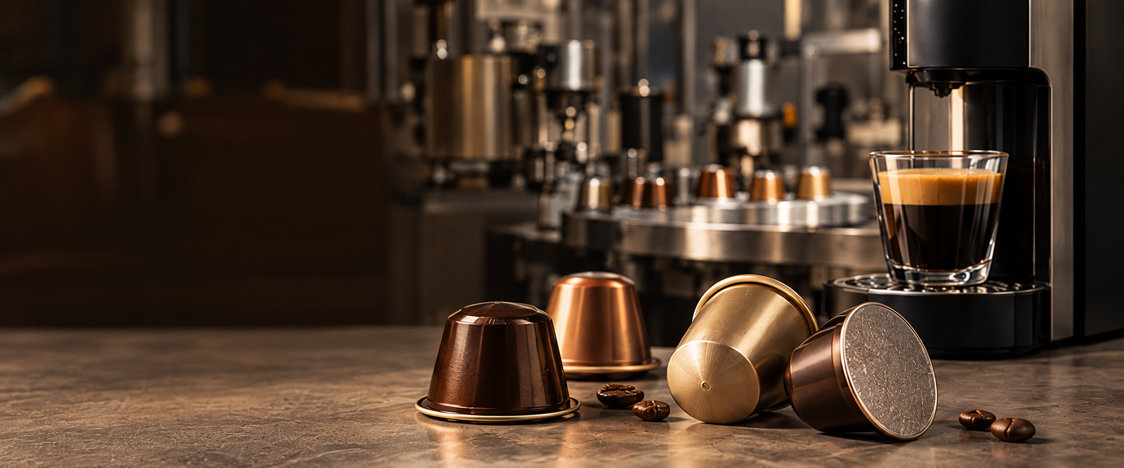 Gold and copper coffee capsules on a counter beside a capsule machine and a production line