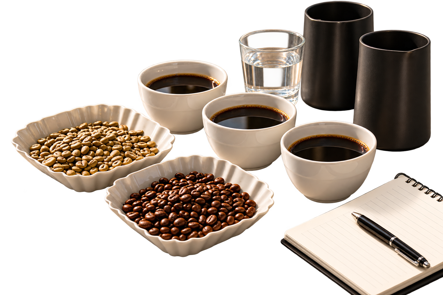 Tasting bowls of green and roasted beans, cupping cups and a notebook on a gold surface