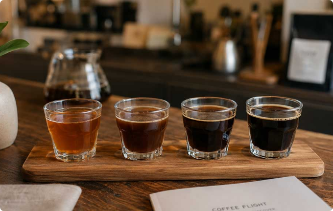 Coffee cups and a glass brewer on a café counter