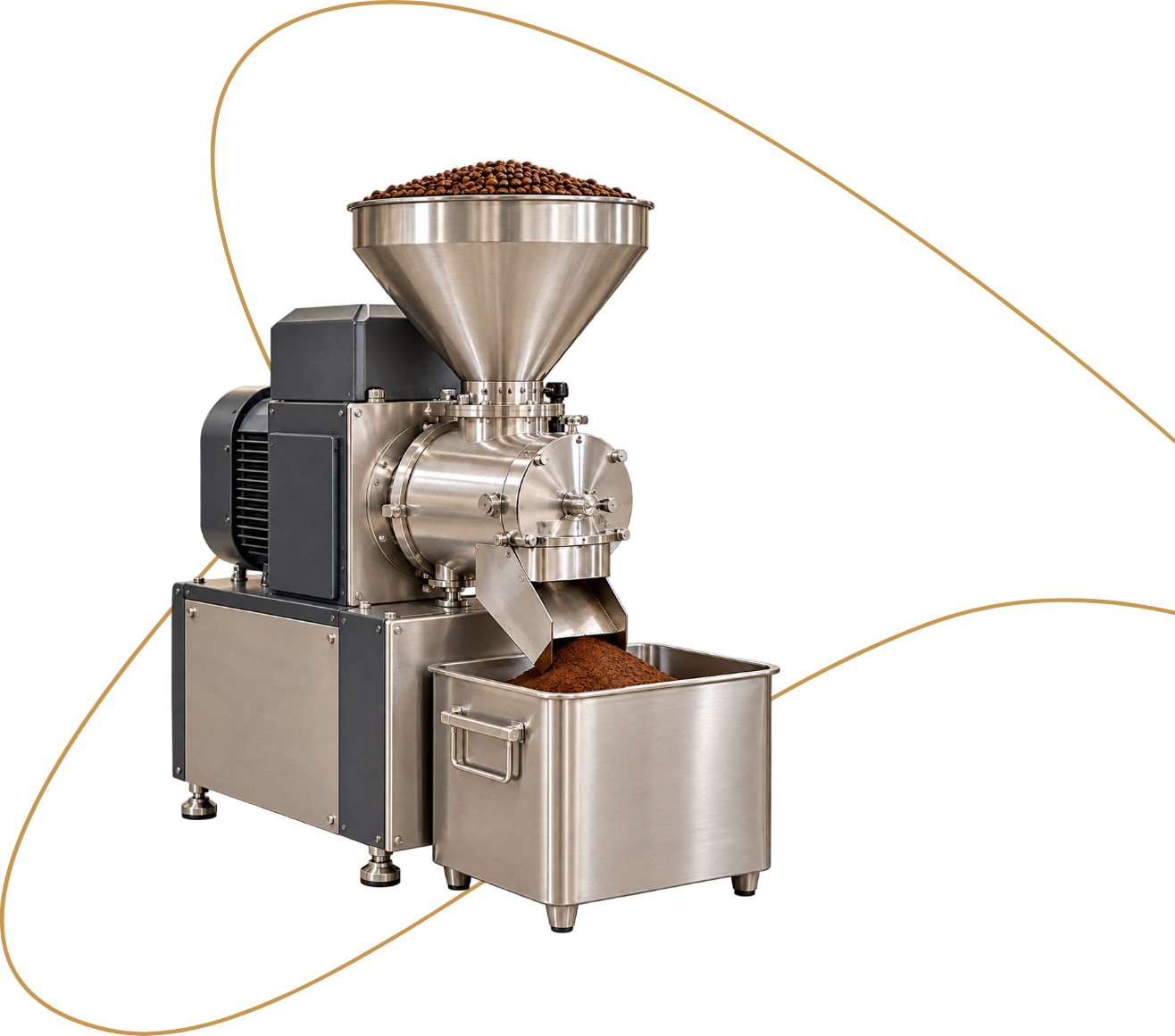 Industrial stainless steel coffee grinder with a hopper of beans and a bin of ground coffee
