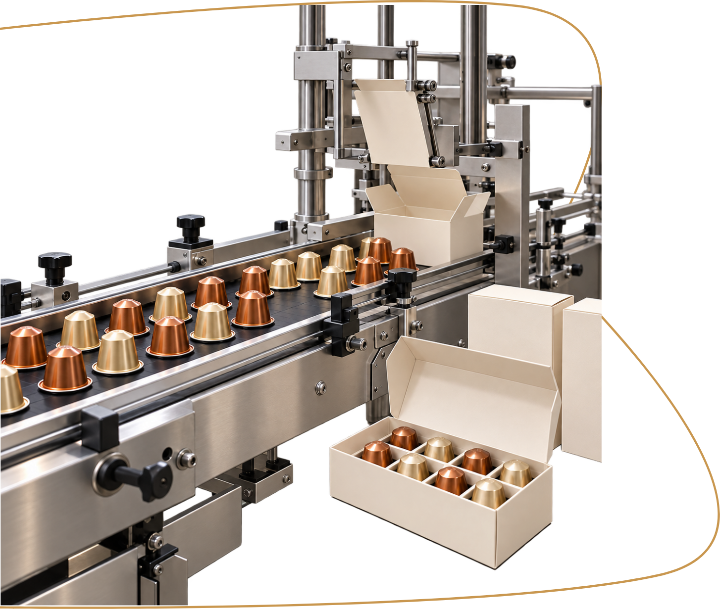 Capsule filling and packing line moving copper and gold capsules into cartons