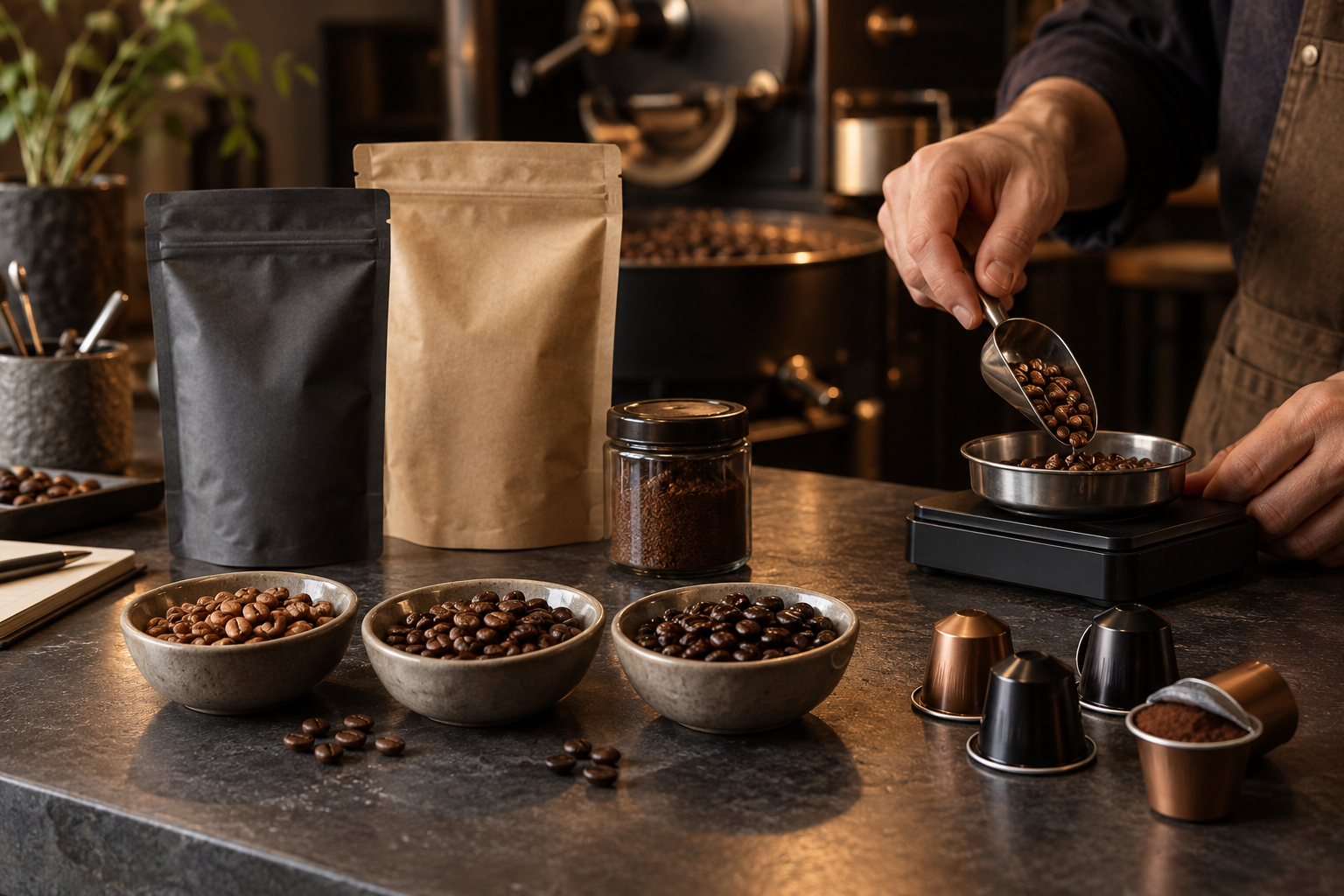 Coffee cup beside roasted beans