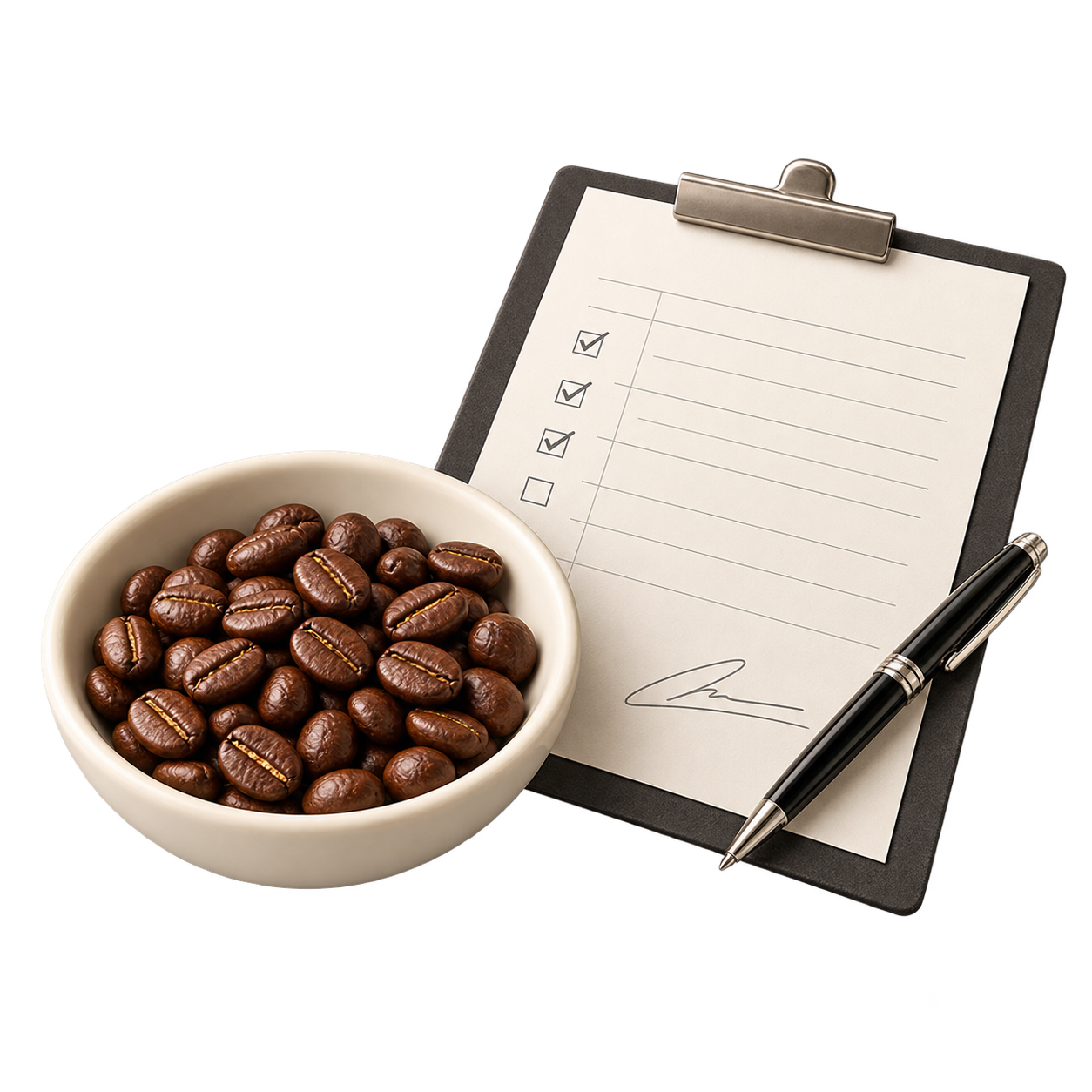 Bowl of roasted beans beside a signed approval checklist on a clipboard