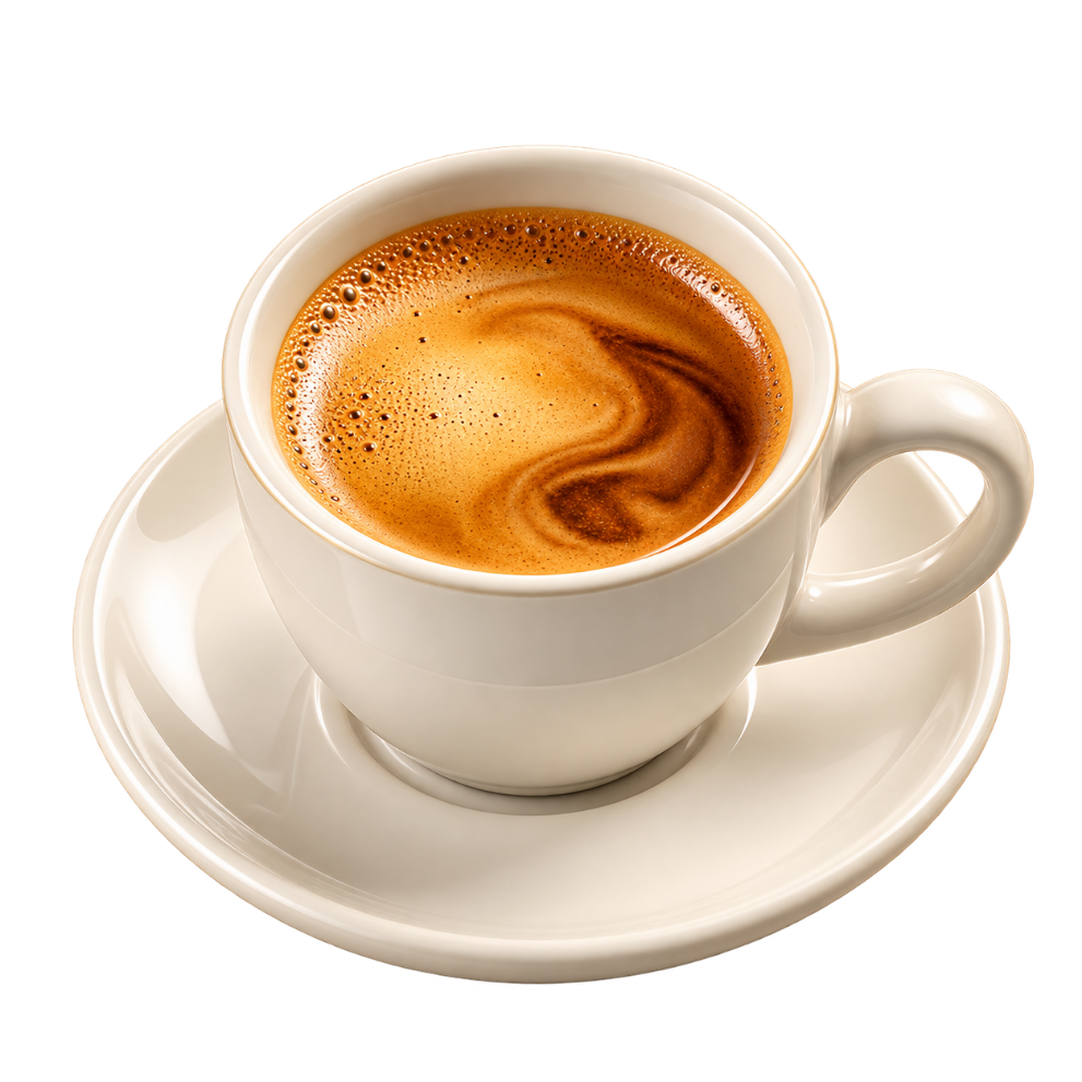 Freshly pulled espresso with crema in a white cup and saucer