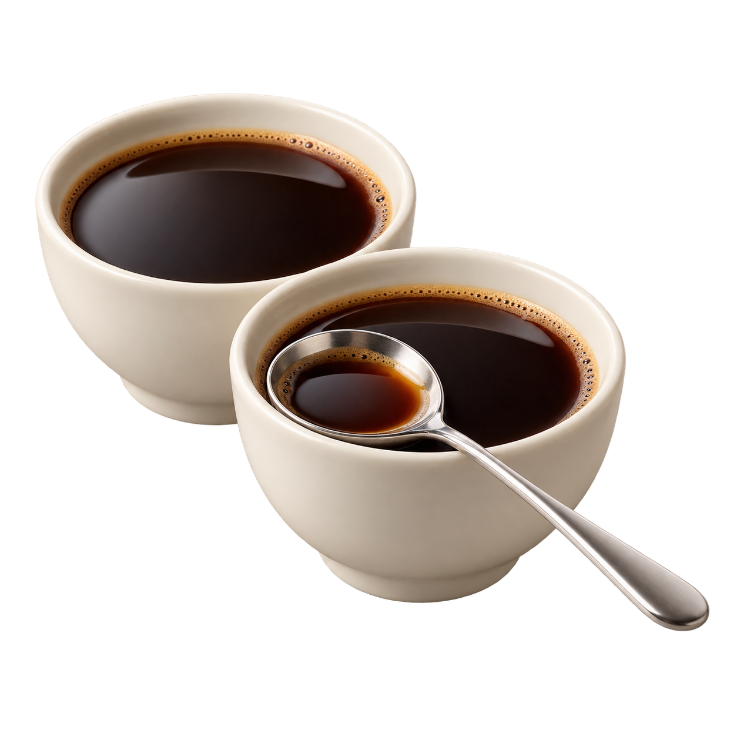 Two cupping bowls of coffee with a tasting spoon