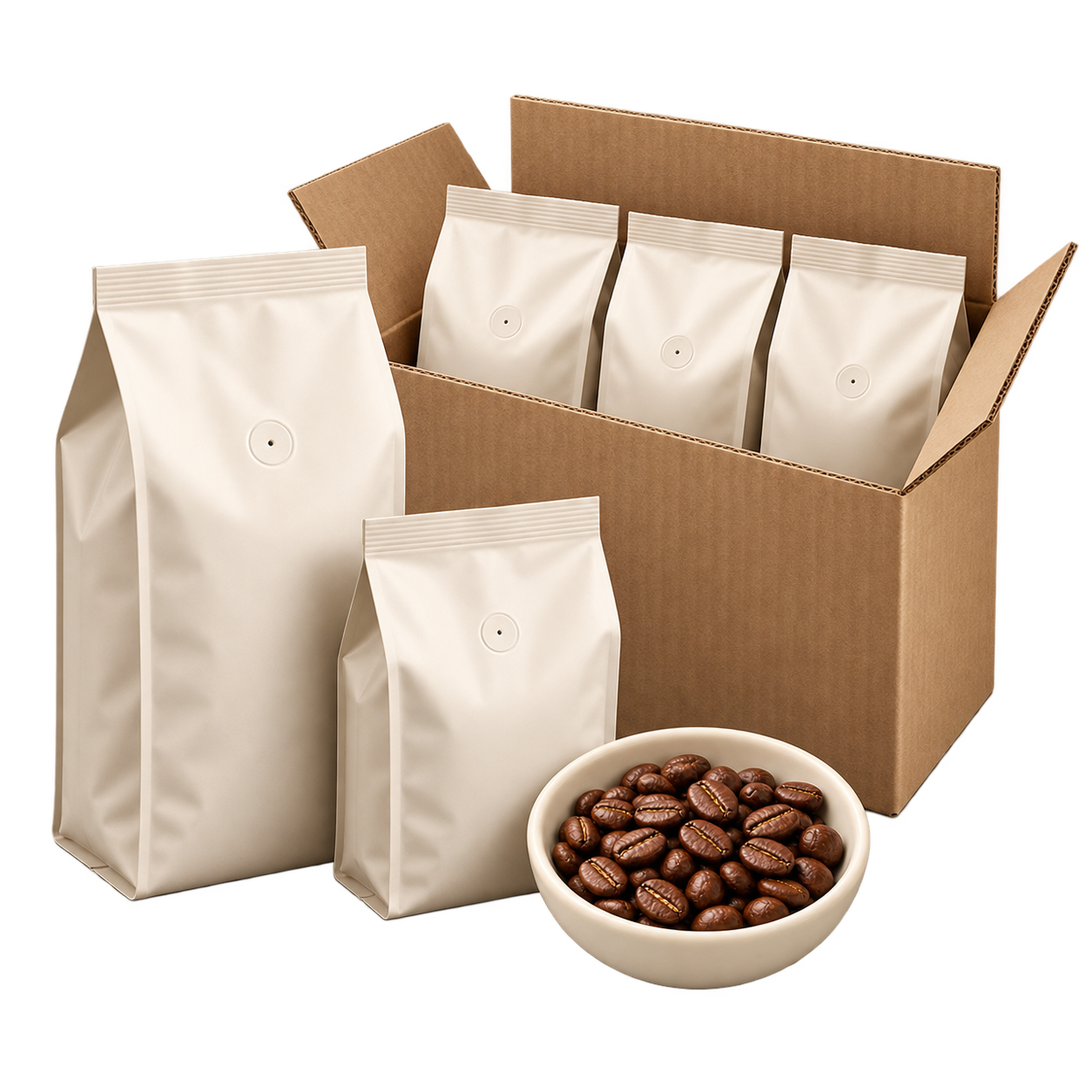 Coffee bags and a shipping carton with a bowl of beans