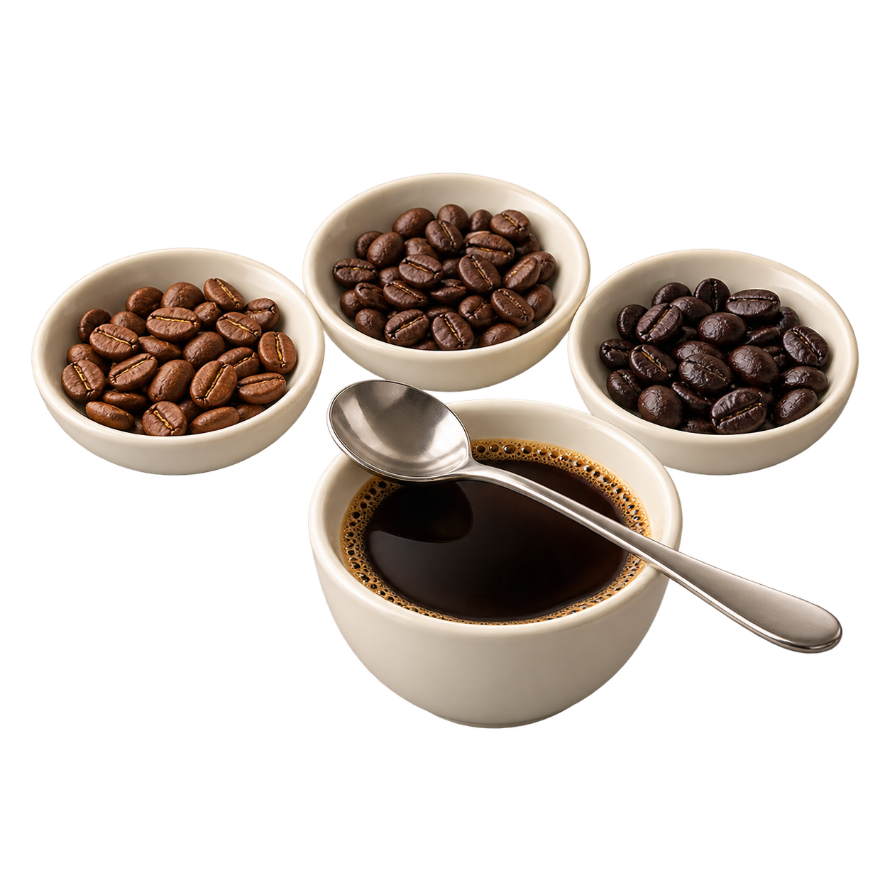 Bowls of light, medium and dark roasted beans with a cup of coffee for sample evaluation