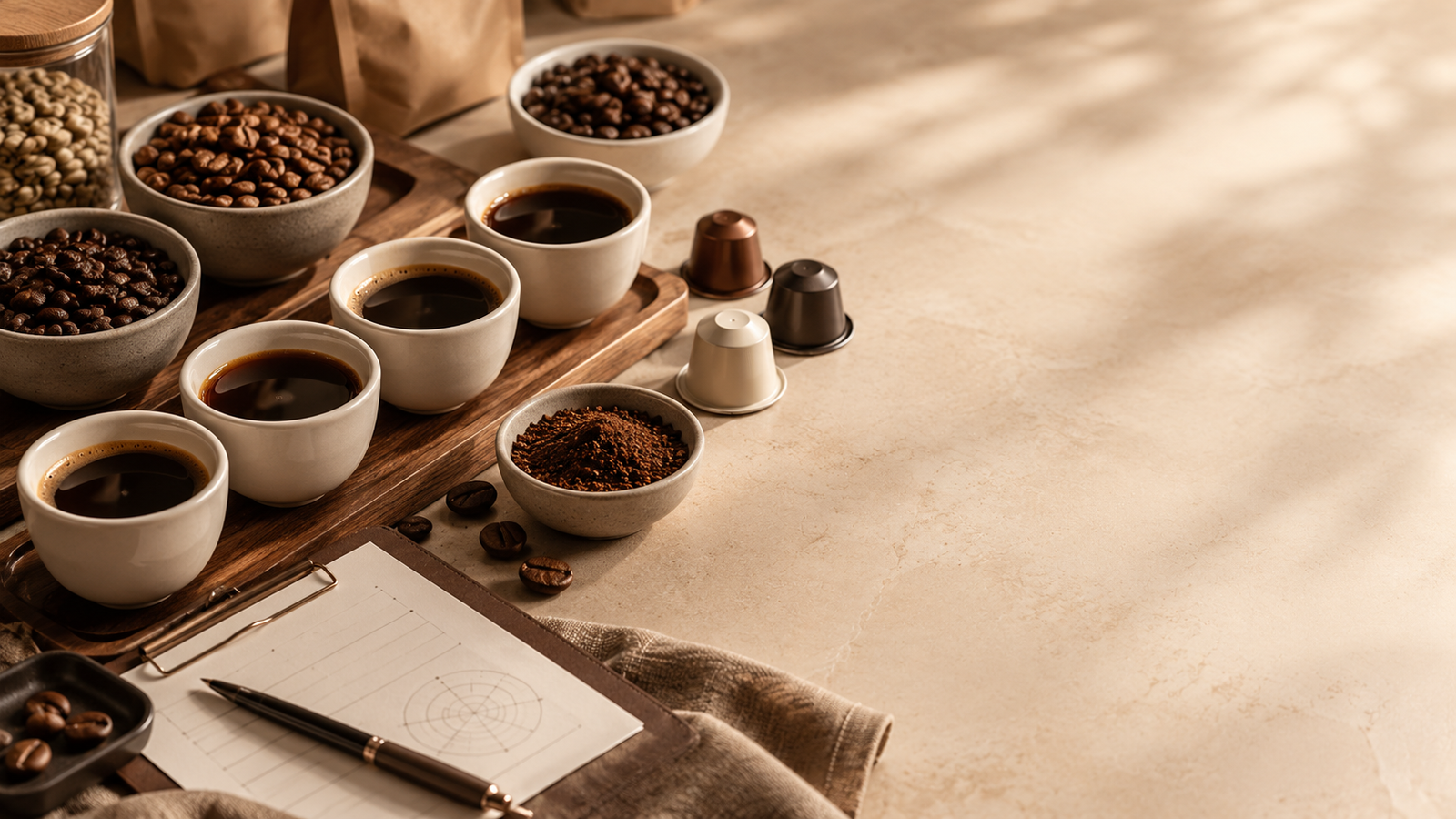 Paper cups, capsules and coffee beans for sample evaluation