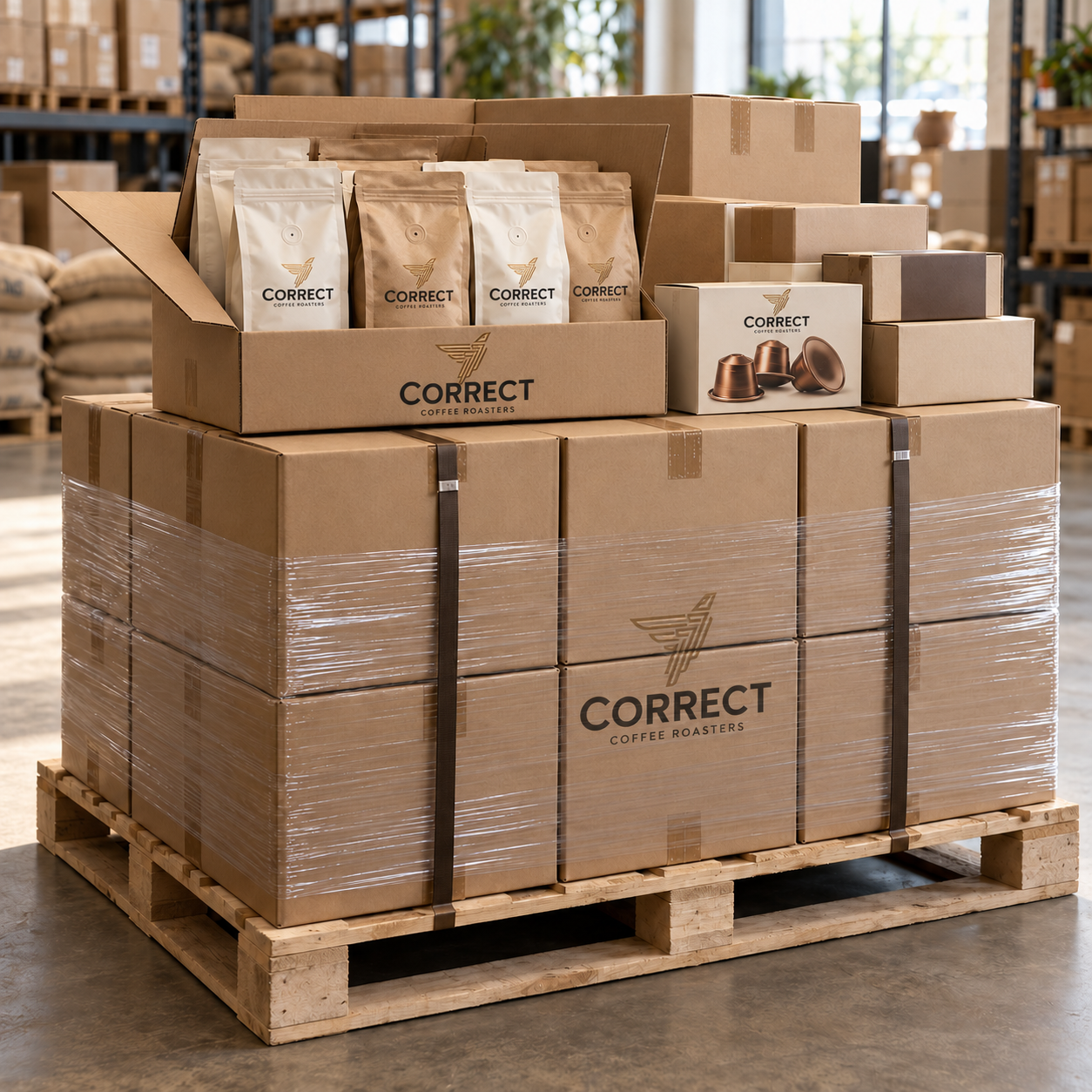 Packed coffee cartons, bags and capsule boxes on a pallet ready for shipping