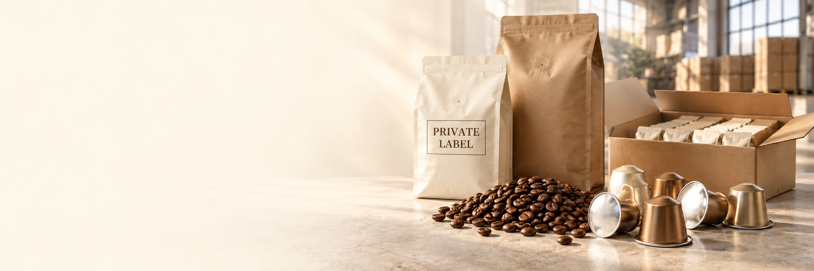 Containers and pallets of packed coffee ready for export shipping