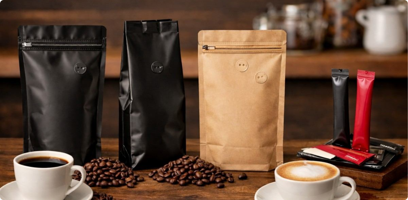 Coffee bags and packaging on a wooden counter