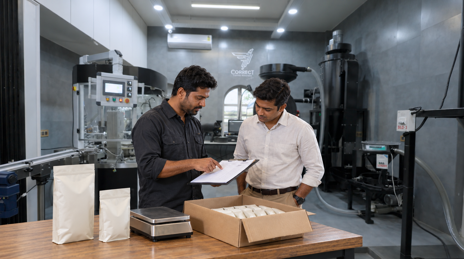 Two team members reviewing a production plan beside packed coffee bags
