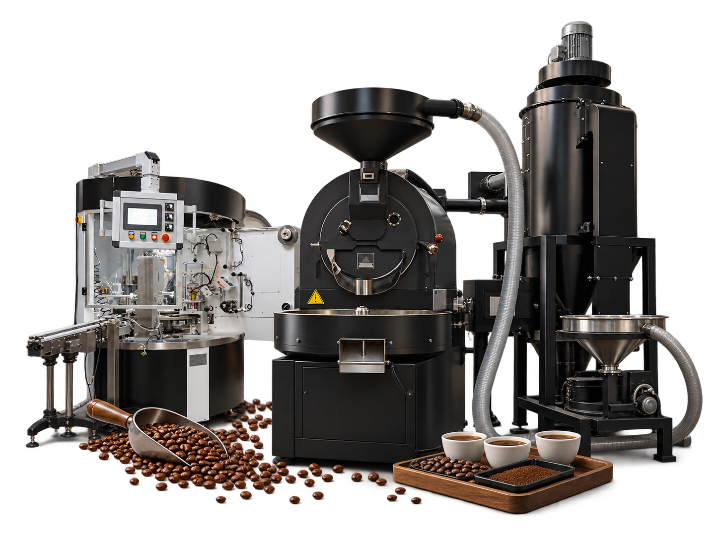 Coffee roaster with freshly roasted beans spilling from the cooling tray
